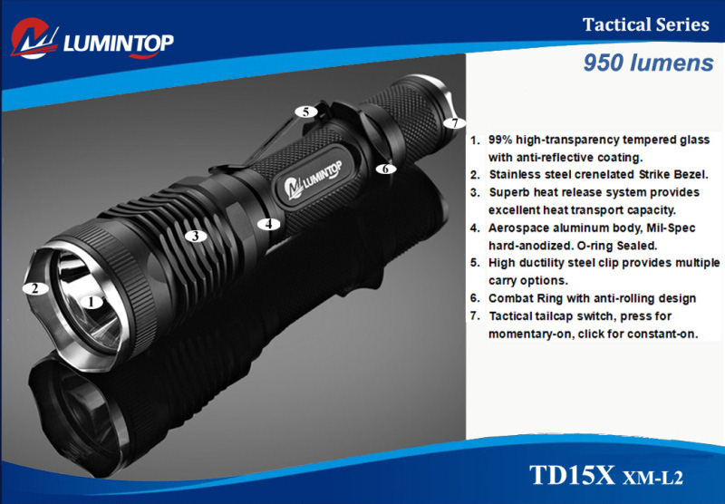 Мощный дальнобойный тактический светодиодный фонарь Lumintop TD15X TERMINATOR  (XM-L2 T6) 950 lumens видео
