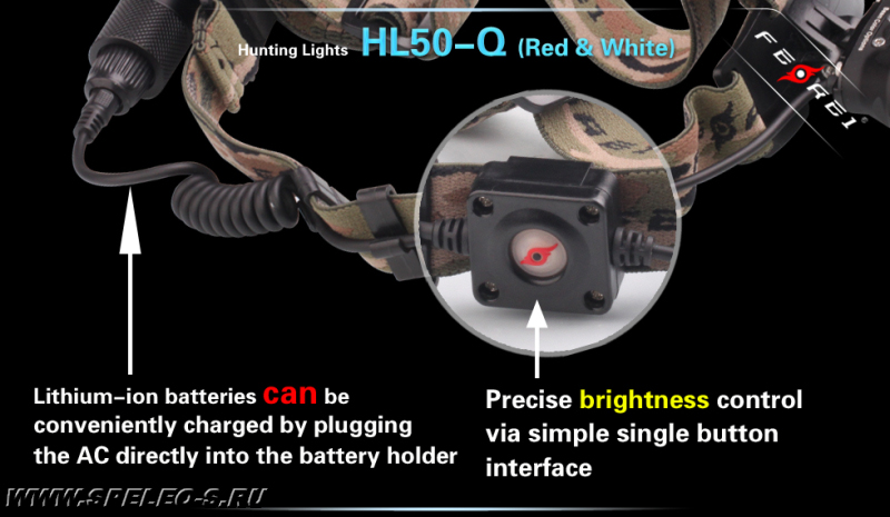 Ferei HL50-Q это дальнобойный налобный фонарь для охотников с двумя Американскими светодиодами Cree - белым и красным, который позволяет сохранять ночное зрение и скрывать свет от животных купить