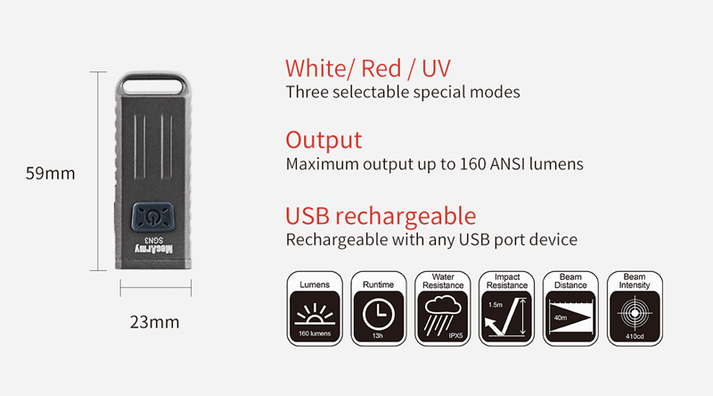 MecArmy SGN3 (160 ANSI люмен)  Аккумуляторный фонарь-брелок с тремя светодиодами (Whire+Red+UV)