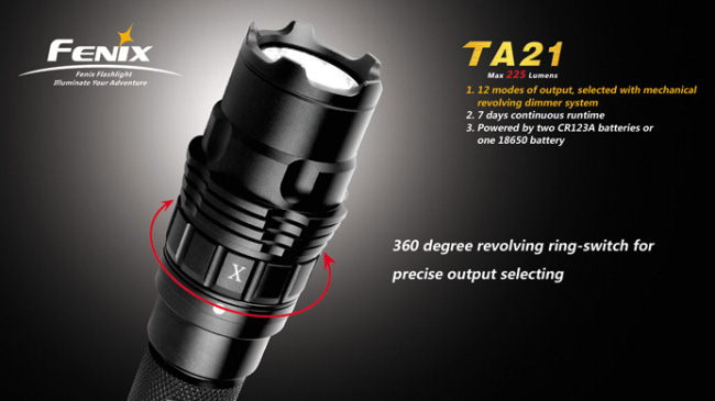 Тактический светодиодный фонарь Fenix TA21 Tactical Cree Q5 LED, 225 лм, батарейки и аккумуляторы CR123A 16340 18650