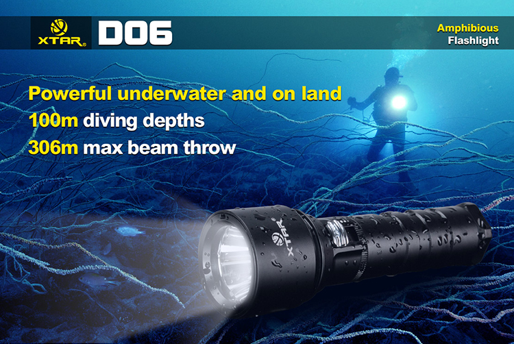 XTAR D06 Профессиональный высокомощный водонепроницаемый фонарь для глубоководного дайвинга и подводной охоты на ярком современном светодиоде Cree XM-L2 U2 производства США, с яркостью 900 люмен по ANSI-стандарту и питанием от сменных аккумуляторов 18650 