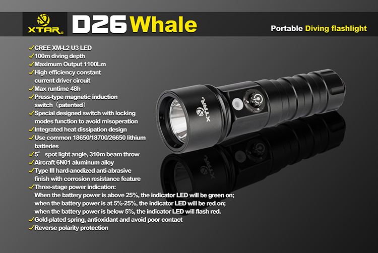 XTAR D26 Whale XM-L2 U3 (1100 ANSI люмен)  Подводный фонарь для дайвинга