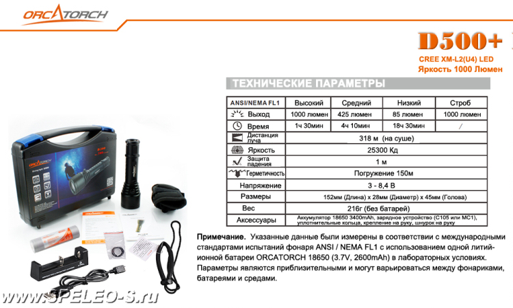 OrcaTorch D500+ Kit (1000 ANSI люмен)  Водонепроницаемый фонарь для дайвинга с аккумулятором и з/у