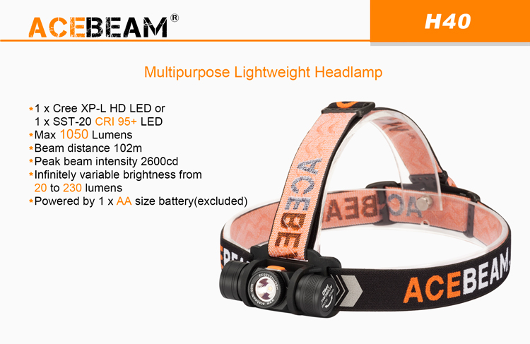 AceBeam H40 (1050 ANSI люмен)  Мощный компактный налобный фонарь на батарейках АА