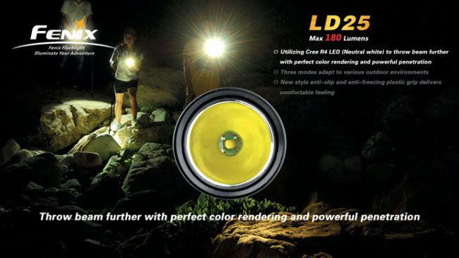 Мощный светодиодный фонарь LD25w Fenix LD25 w Cree XP-G R4 LED, 180 лм, батарейки и аккумуляторы АА, теплый свет