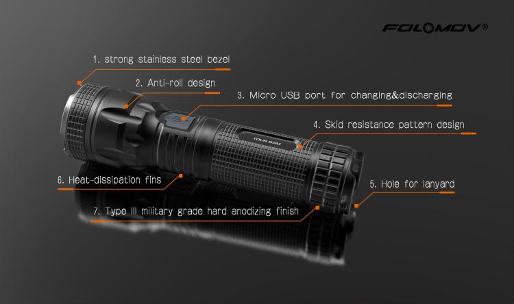 Folomov Tour B5M Мощный дальнобойный светодиодный аккумуляторный фонарь с PowerBank 